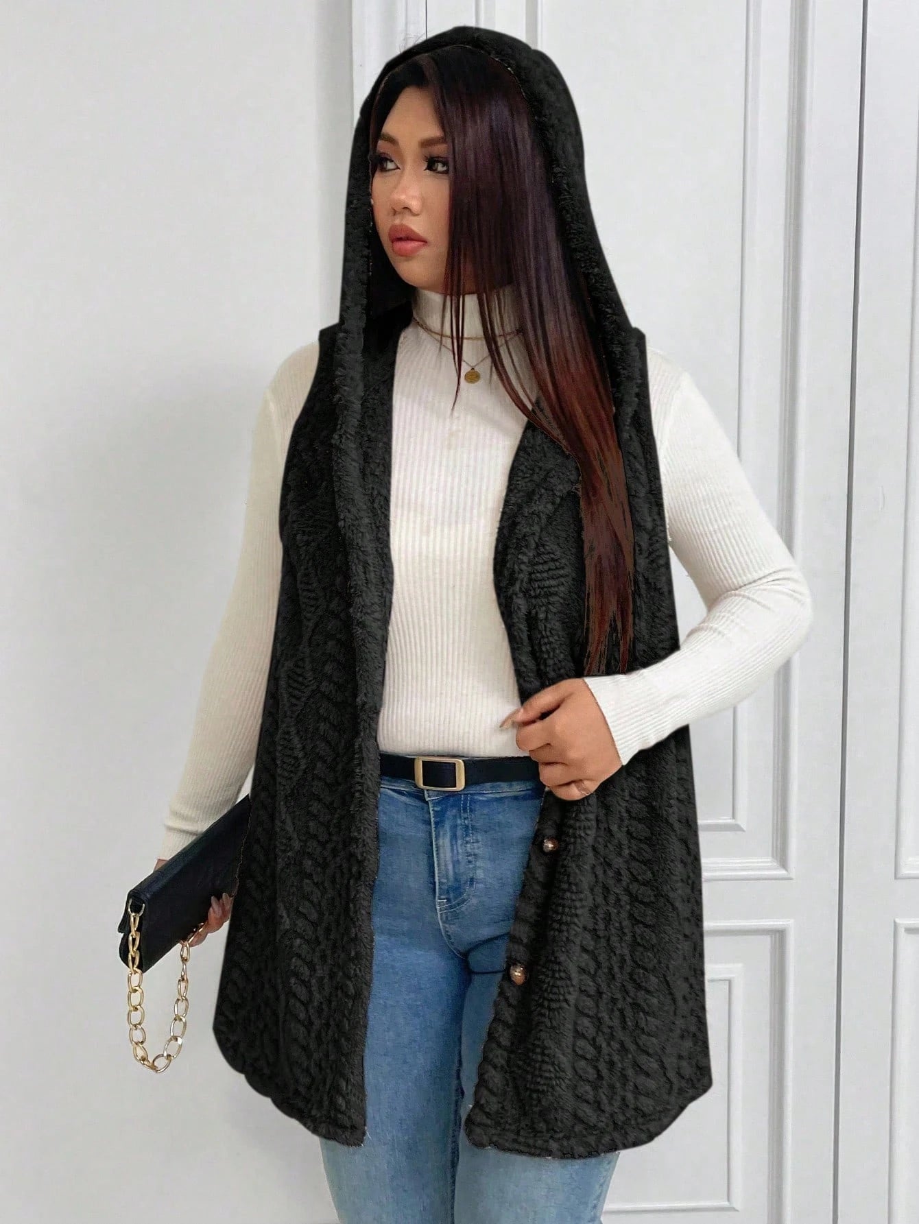 EMERY ROSE Halloween Plus Size Casual Fluffy Jacquard Solid Color Thick Open Front Hooded Single-Breasted Versatile Vest Jacket Winter Fall Autumn