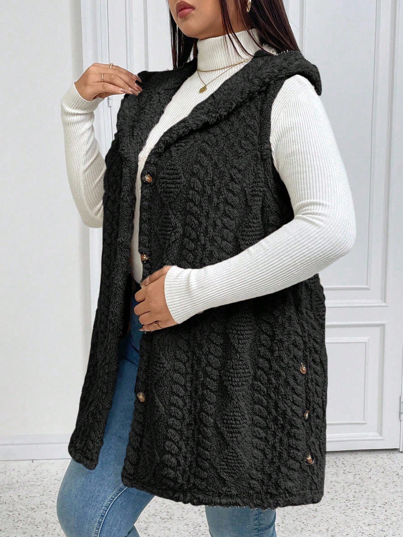 EMERY ROSE Halloween Plus Size Casual Fluffy Jacquard Solid Color Thick Open Front Hooded Single-Breasted Versatile Vest Jacket Winter Fall Autumn