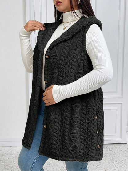 EMERY ROSE Halloween Plus Size Casual Fluffy Jacquard Solid Color Thick Open Front Hooded Single-Breasted Versatile Vest Jacket Winter Fall Autumn