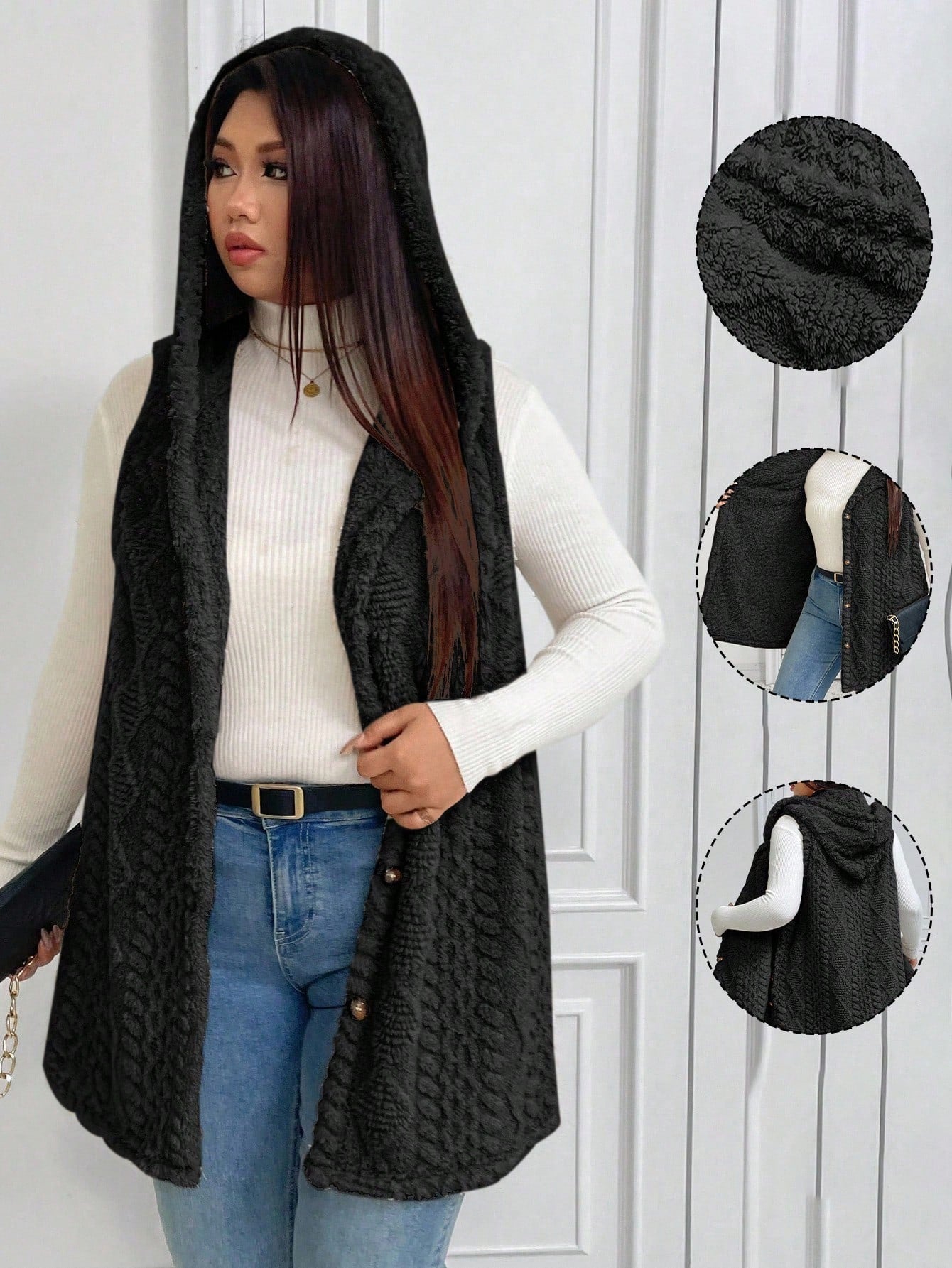 EMERY ROSE Halloween Plus Size Casual Fluffy Jacquard Solid Color Thick Open Front Hooded Single-Breasted Versatile Vest Jacket Winter Fall Autumn