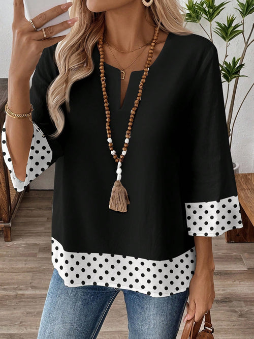 EMERY ROSE Mother's Day Vacation Retro Daily Commute Black Contrast Black & White Polka Dot Pattern Loose 3/4 Sleeve Plus Size Women V-Neck Work Shirt Fall