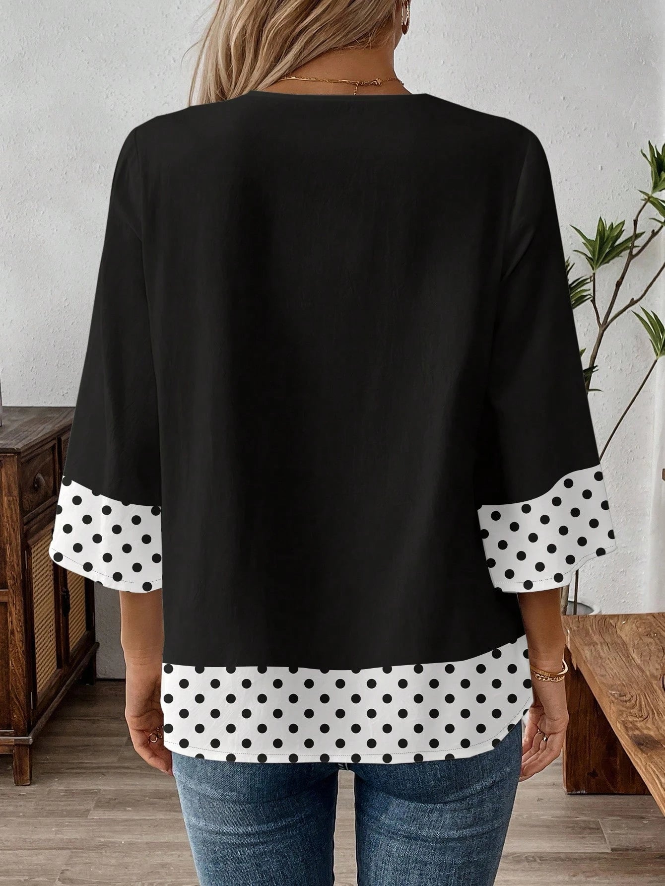 EMERY ROSE Mother's Day Vacation Retro Daily Commute Black Contrast Black & White Polka Dot Pattern Loose 3/4 Sleeve Plus Size Women V-Neck Work Shirt Fall