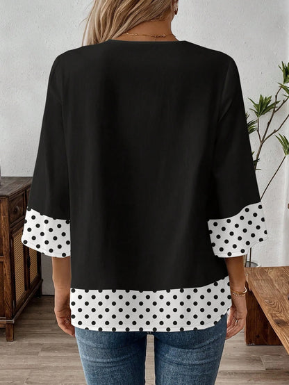 EMERY ROSE Mother's Day Vacation Retro Daily Commute Black Contrast Black & White Polka Dot Pattern Loose 3/4 Sleeve Plus Size Women V-Neck Work Shirt Fall
