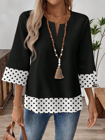 EMERY ROSE Mother's Day Vacation Retro Daily Commute Black Contrast Black & White Polka Dot Pattern Loose 3/4 Sleeve Plus Size Women V-Neck Work Shirt Fall