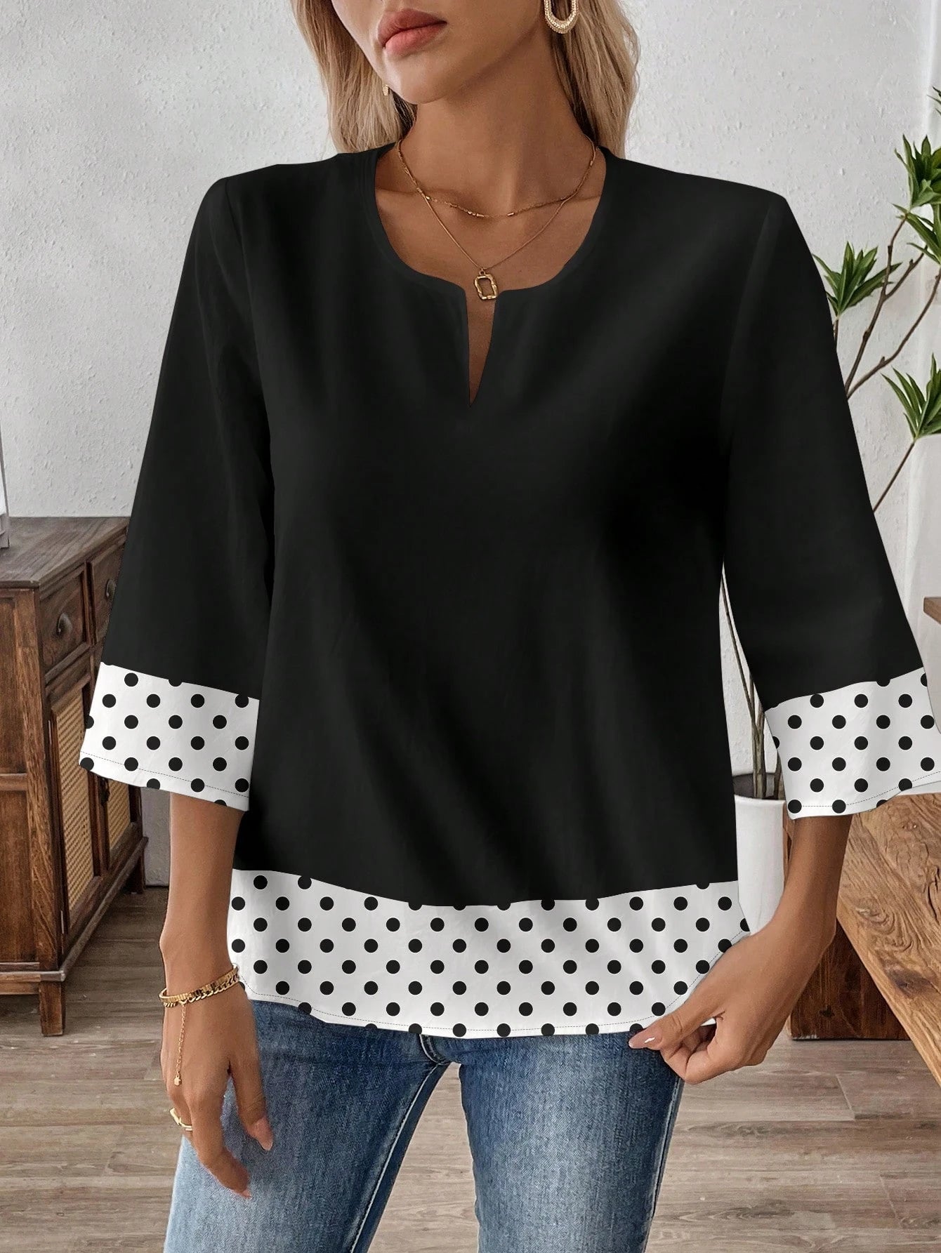 EMERY ROSE Mother's Day Vacation Retro Daily Commute Black Contrast Black & White Polka Dot Pattern Loose 3/4 Sleeve Plus Size Women V-Neck Work Shirt Fall