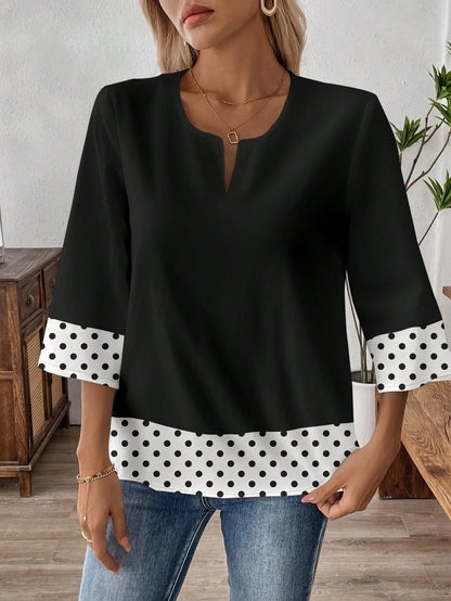 EMERY ROSE Mother's Day Vacation Retro Daily Commute Black Contrast Black & White Polka Dot Pattern Loose 3/4 Sleeve Plus Size Women V-Neck Work Shirt Fall