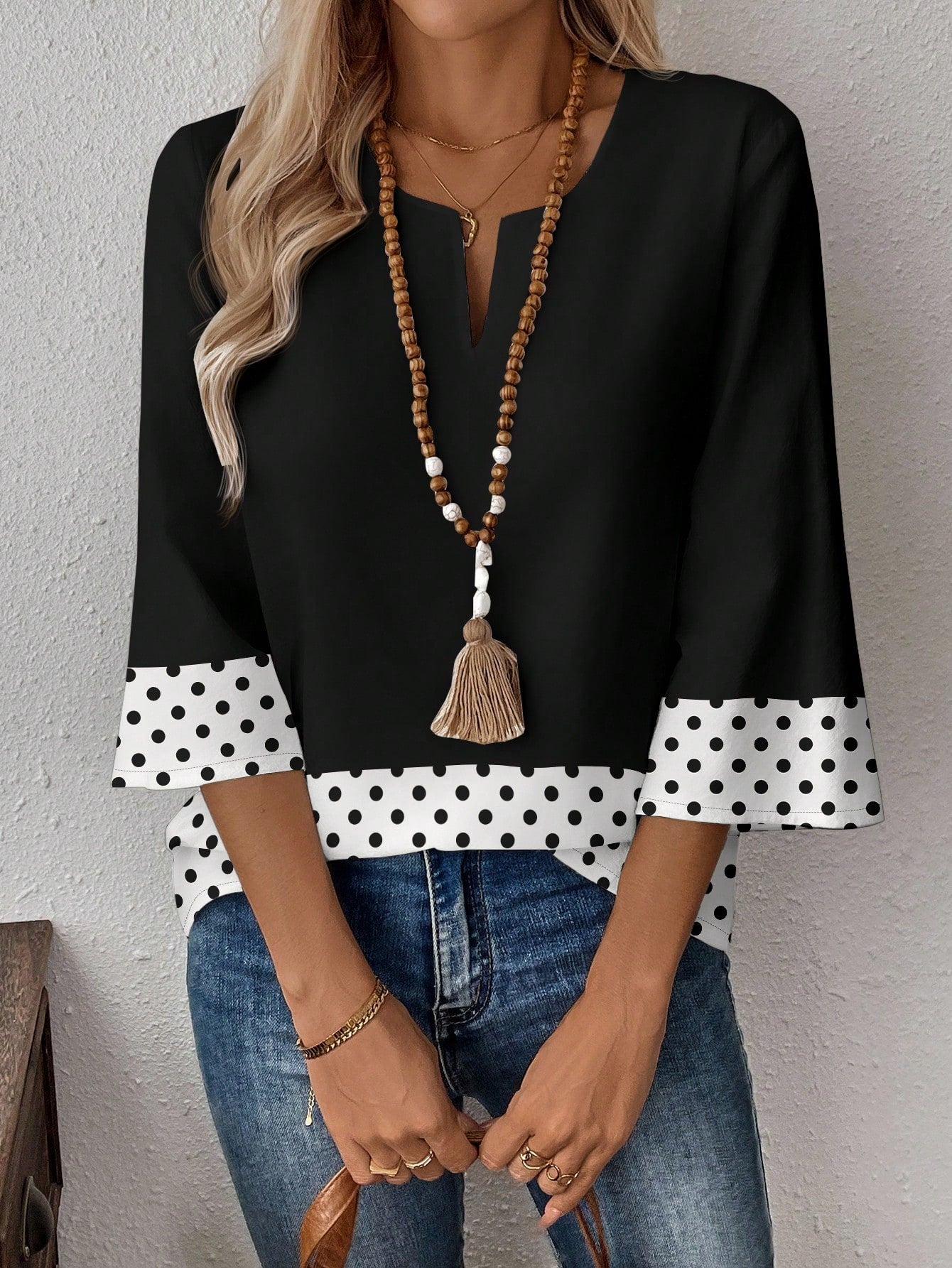 EMERY ROSE Mother's Day Vacation Retro Daily Commute Black Contrast Black & White Polka Dot Pattern Loose 3/4 Sleeve Plus Size Women V-Neck Work Shirt Fall