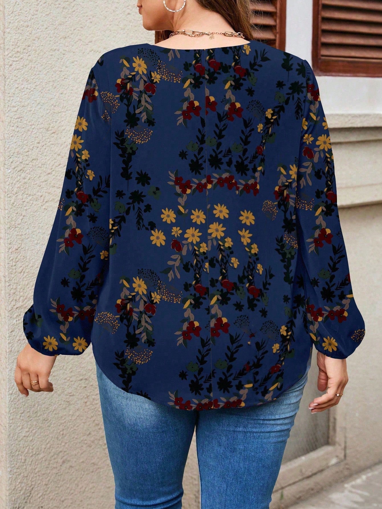 EMERY ROSE Navy Blue Boho Floral Pattern V-Neck Loose Blouse For Women,Elegant & Casual Everyday Chic Blouses,Autumn Fall Clothes,Spring Vacation Flower Tops