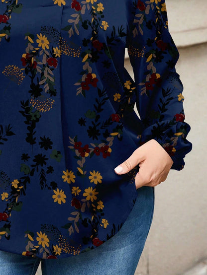EMERY ROSE Navy Blue Boho Floral Pattern V-Neck Loose Blouse For Women,Elegant & Casual Everyday Chic Blouses,Autumn Fall Clothes,Spring Vacation Flower Tops