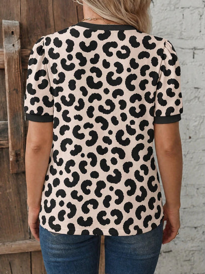 EMERY ROSE New Plus Size Women's Fashion Casual Versatile Round Neck Puff Sleeve Leopard Print T-Shirt