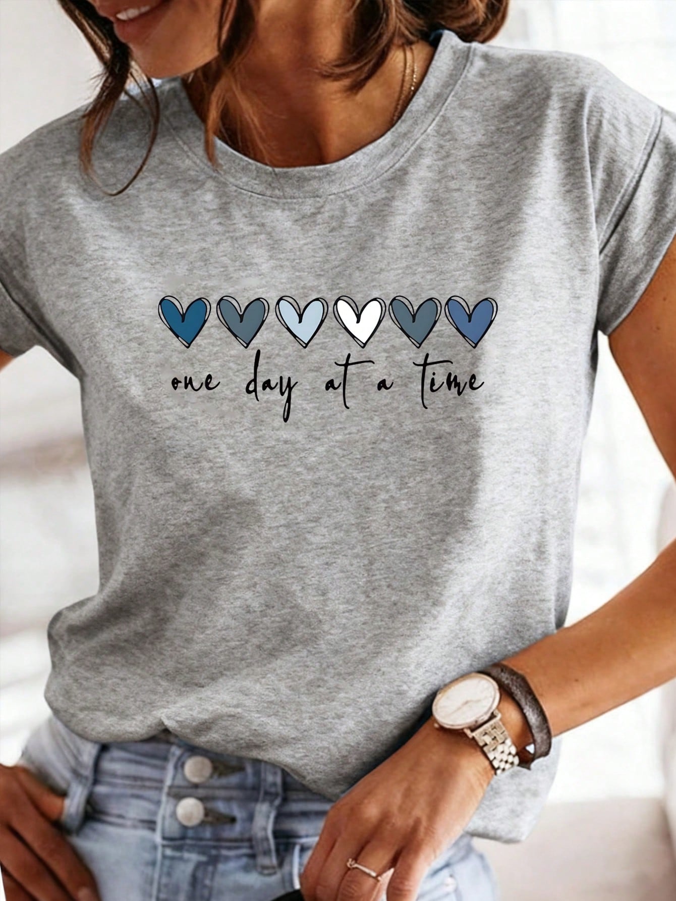 EMERY ROSE One Day At A Time Shirt, Hearts Crewneck, Recovery Gift For Her, Encouragement Shirt, Inspirational Quotes Tshirt, Mental Health Aware