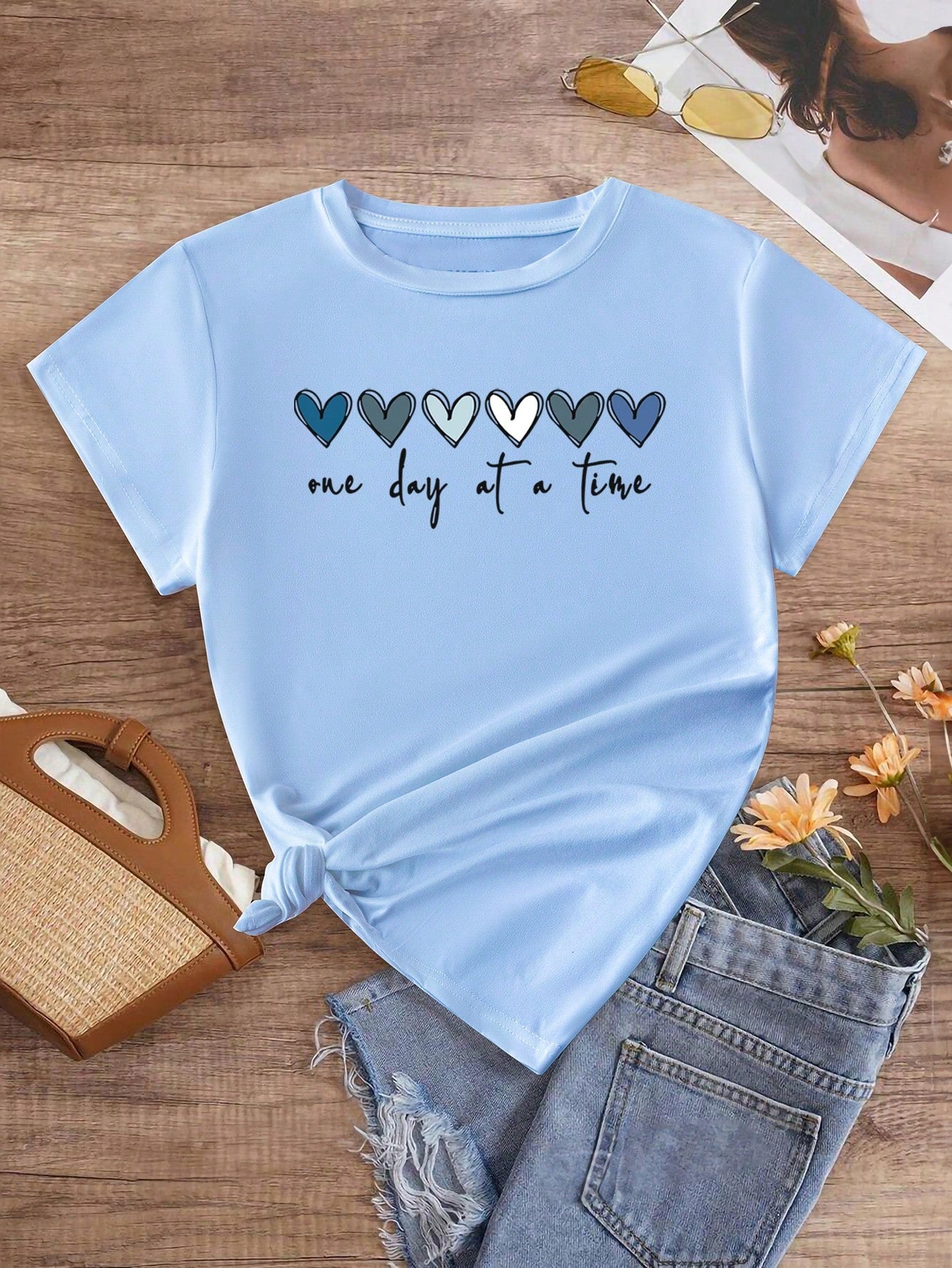 EMERY ROSE One Day At A Time Shirt, Hearts Crewneck, Recovery Gift For Her, Encouragement Shirt, Inspirational Quotes Tshirt, Mental Health Aware