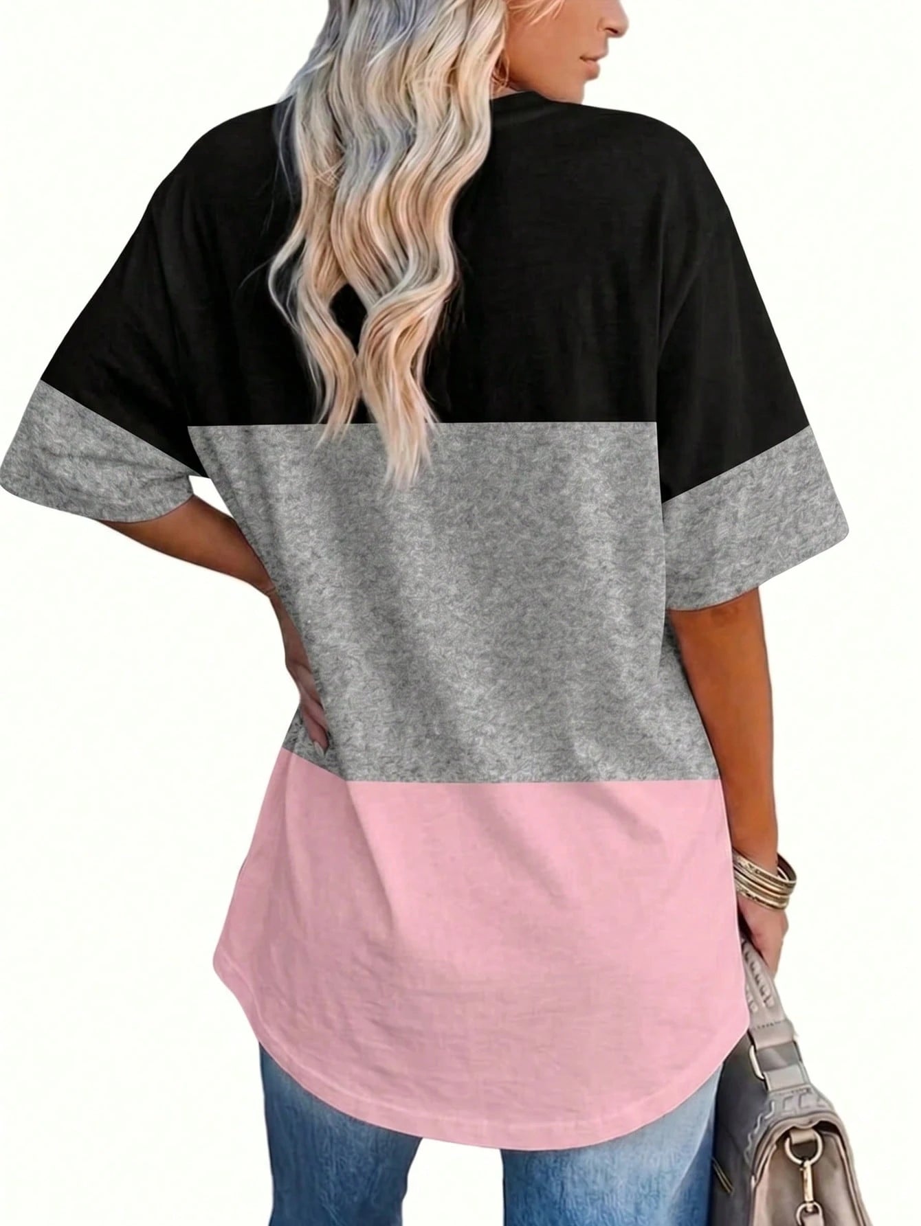 EMERY ROSE Patchwork Black And Gold Round-Neck Short-Sleeved T-Shirt, Plus Size, Spring/Summer Style Holiday Smart Casual
