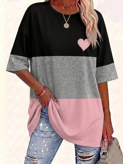 EMERY ROSE Patchwork Black And Gold Round-Neck Short-Sleeved T-Shirt, Plus Size, Spring/Summer Style Holiday Smart Casual