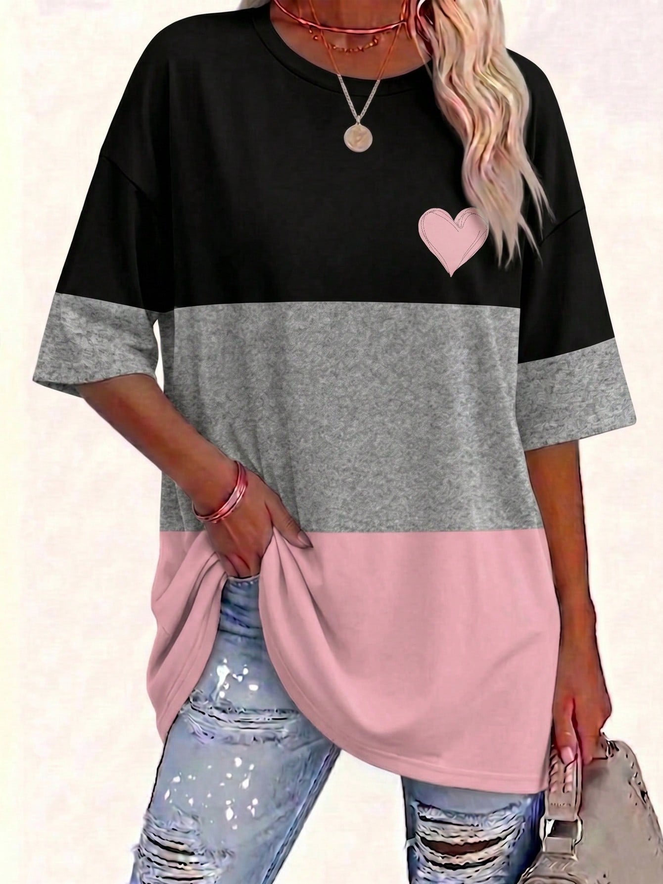EMERY ROSE Patchwork Black And Gold Round-Neck Short-Sleeved T-Shirt, Plus Size, Spring/Summer Style Holiday Smart Casual