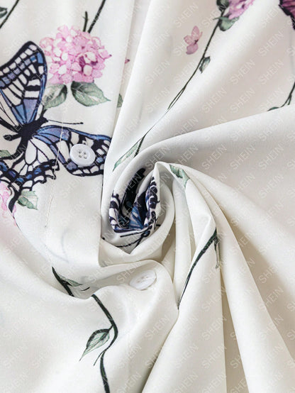 EMERY ROSE Plus Butterfly Print Drop Shoulder Shirt Fall