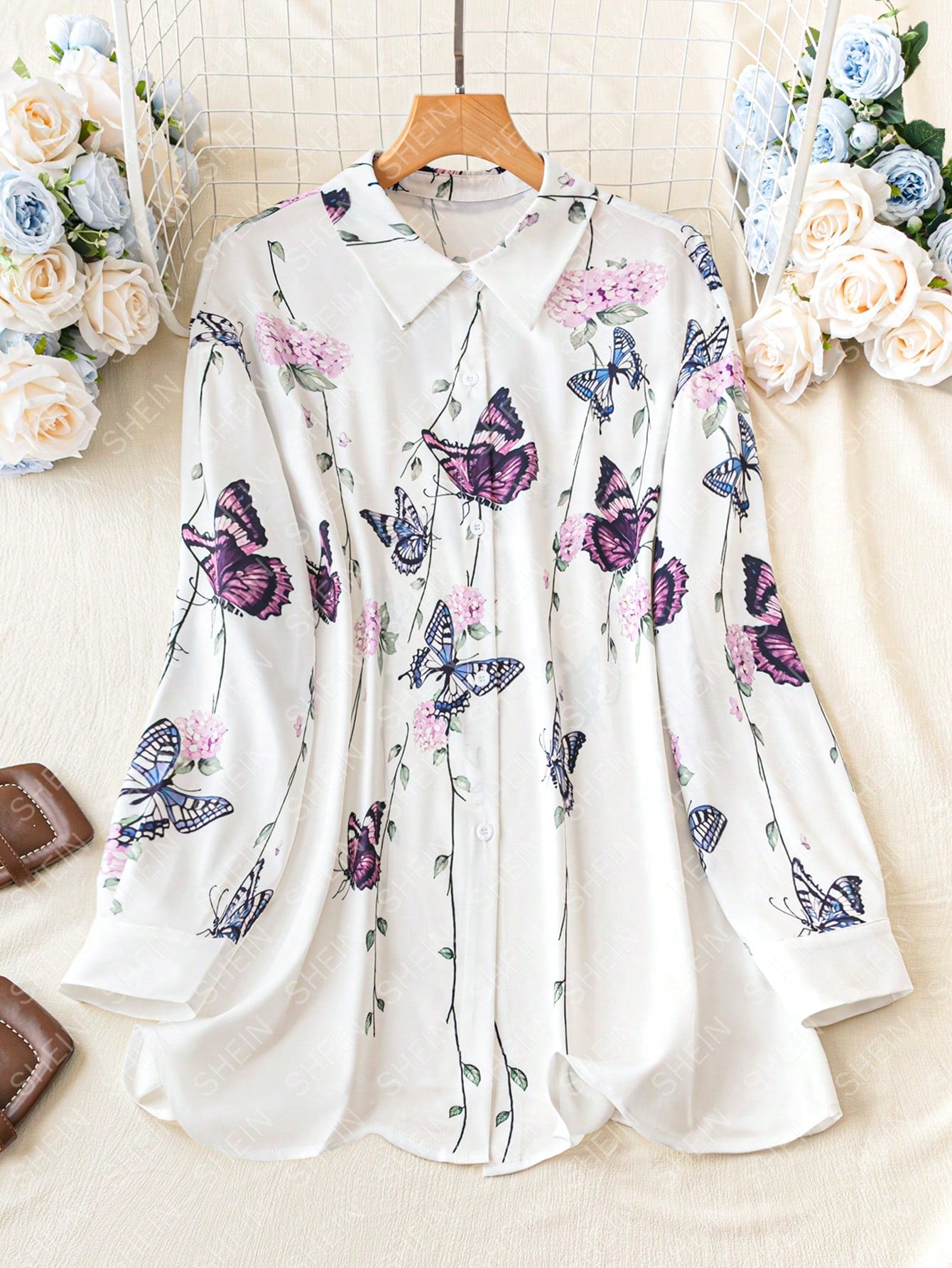 EMERY ROSE Plus Butterfly Print Drop Shoulder Shirt Fall