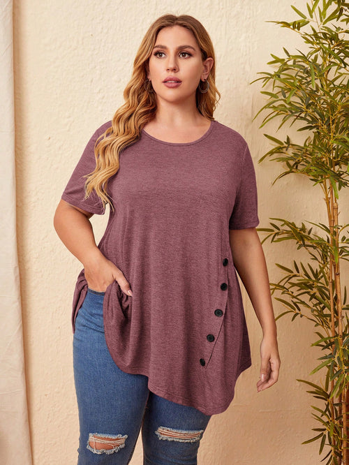 EMERY ROSE Plus Button Detail Asymmetrical Hem Tee