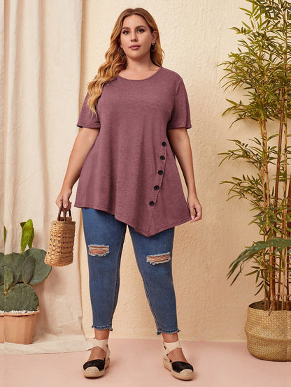 EMERY ROSE Plus Button Detail Asymmetrical Hem Tee