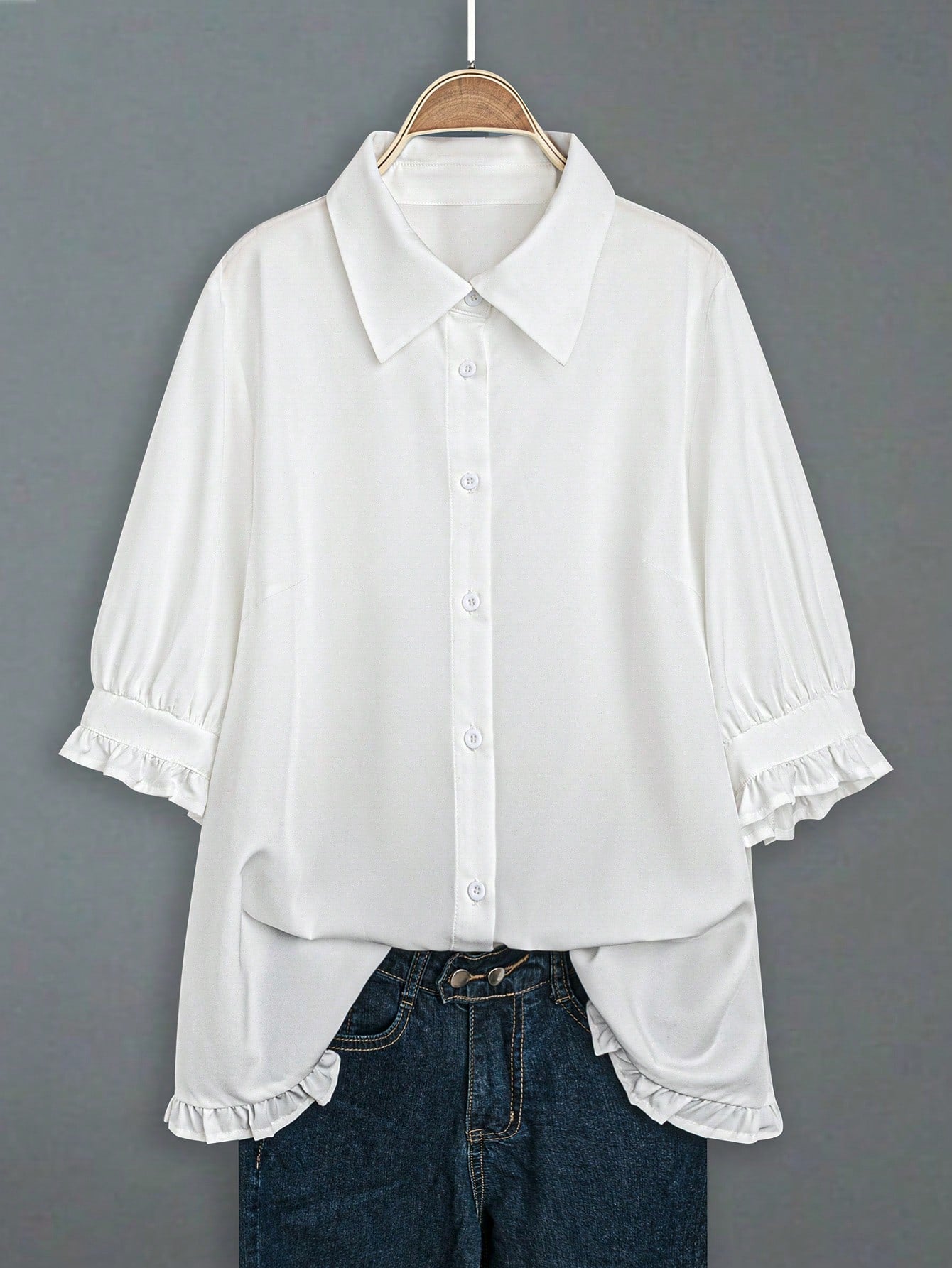 EMERY ROSE Plus Frill Trim Flounce Sleeve High Low Hem Shirt Fall