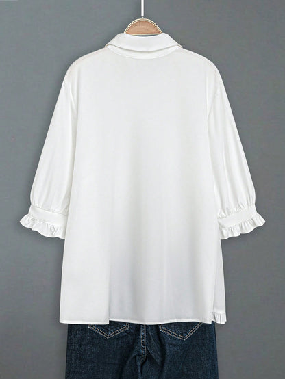 EMERY ROSE Plus Frill Trim Flounce Sleeve High Low Hem Shirt Fall