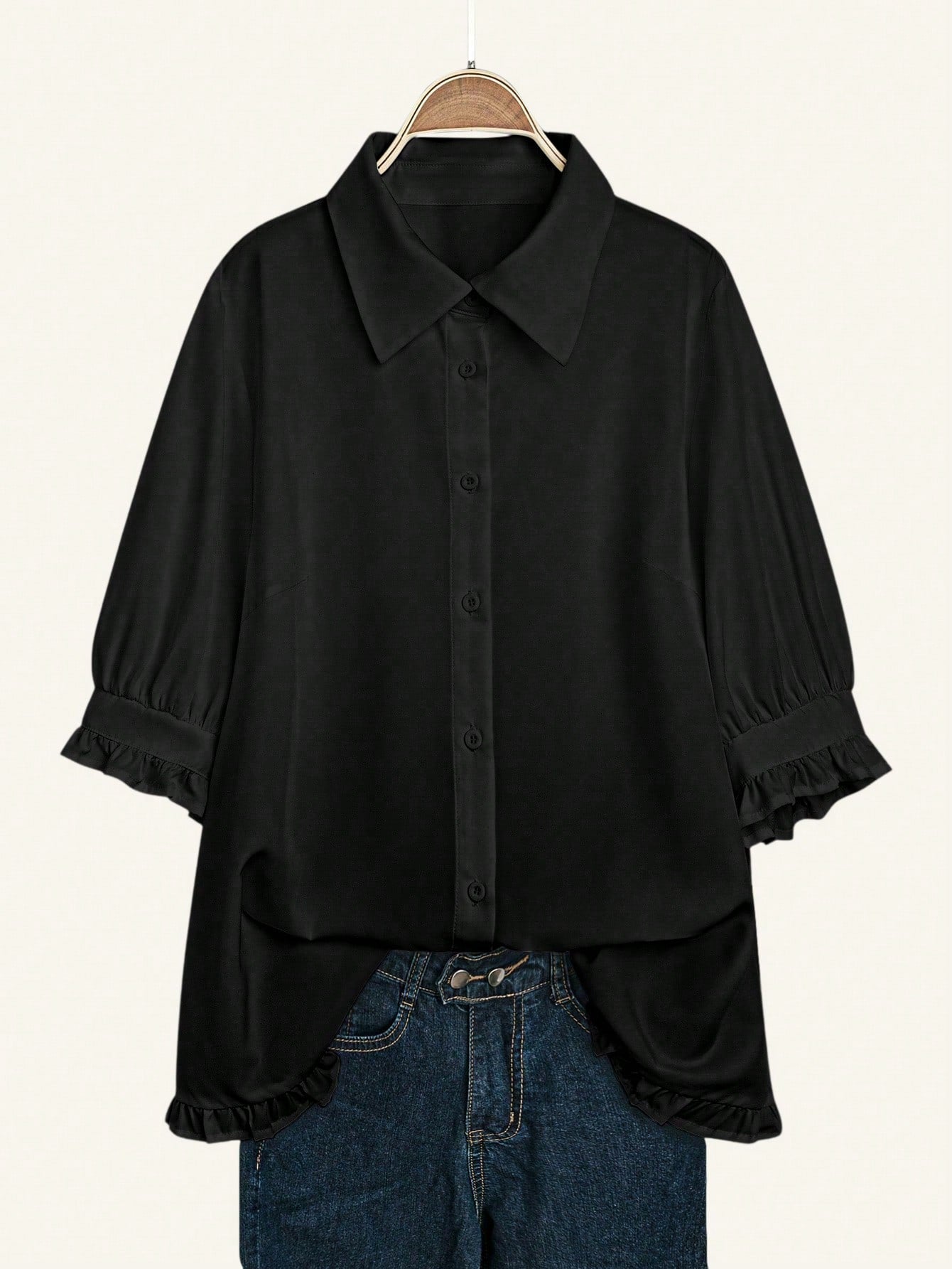 EMERY ROSE Plus Frill Trim Flounce Sleeve High Low Hem Shirt Fall