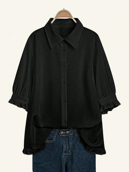 EMERY ROSE Plus Frill Trim Flounce Sleeve High Low Hem Shirt Fall