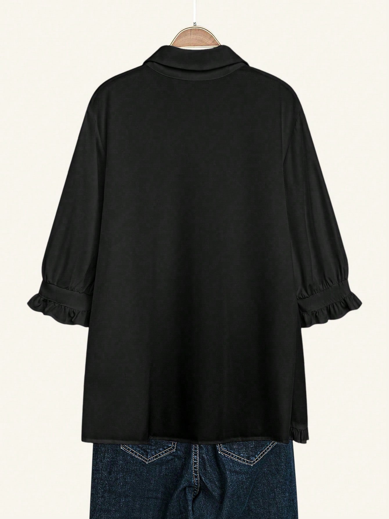 EMERY ROSE Plus Frill Trim Flounce Sleeve High Low Hem Shirt Fall