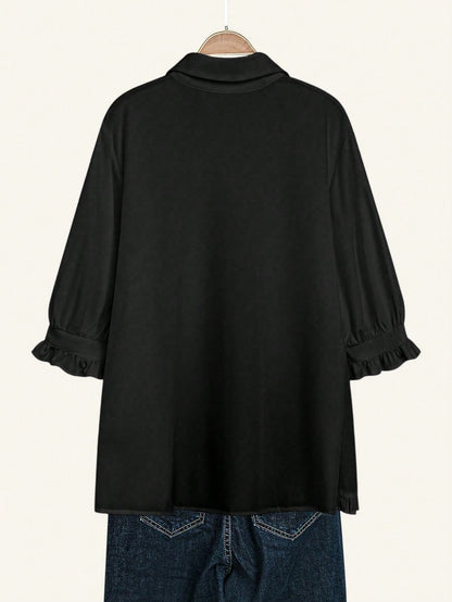 EMERY ROSE Plus Frill Trim Flounce Sleeve High Low Hem Shirt Fall
