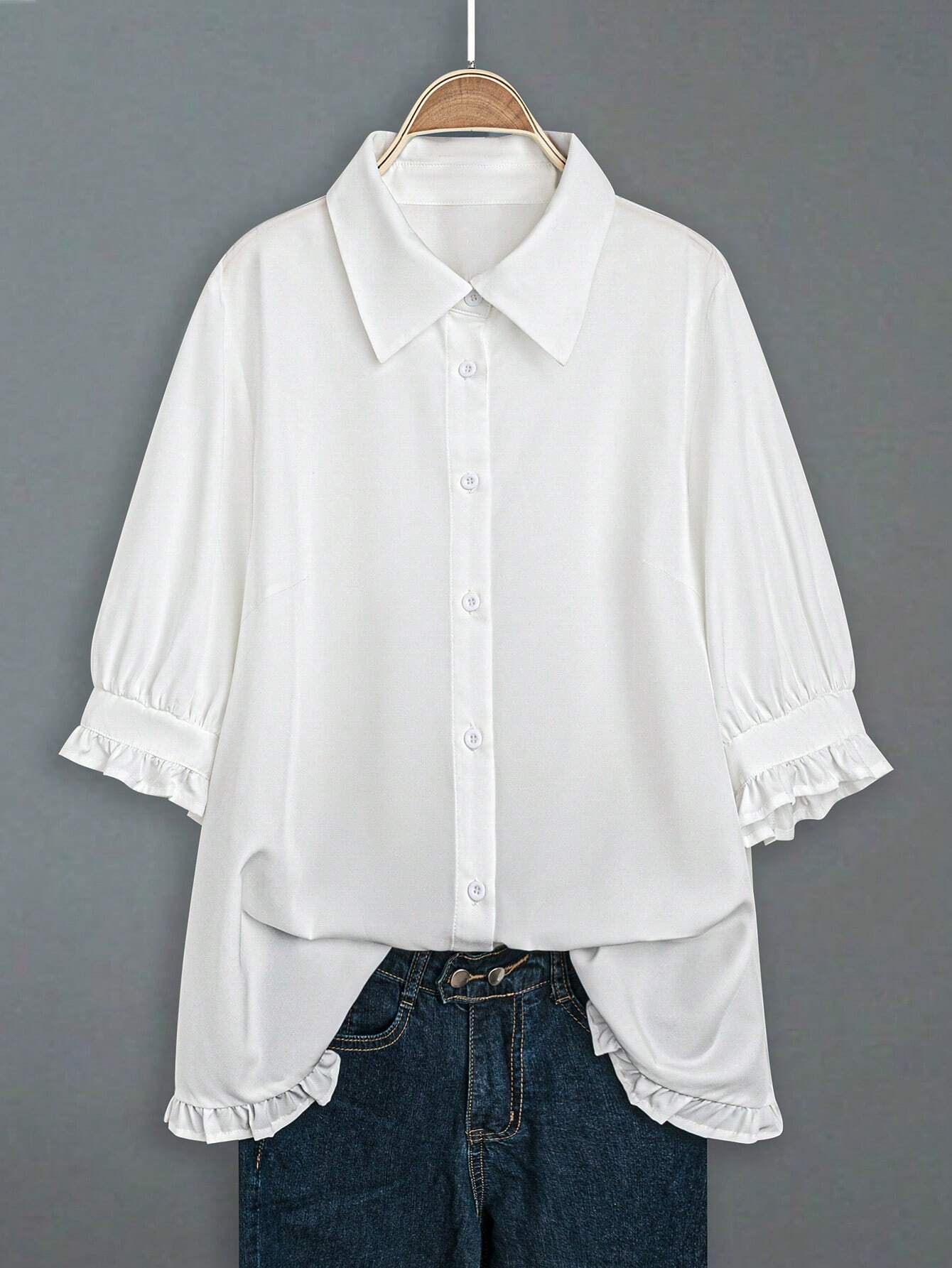 EMERY ROSE Plus Frill Trim Flounce Sleeve High Low Hem Shirt Fall