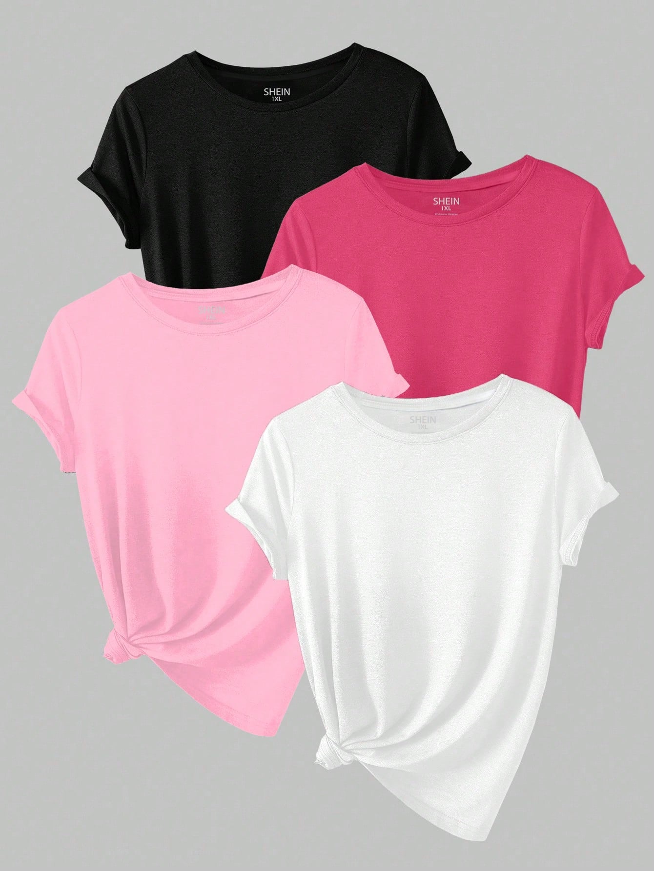 EMERY ROSE Plus Size 4pcs Women's Casual Solid Color Crew Neck Short Sleeve T-Shirts Summer
