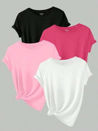 EMERY ROSE Plus Size 4pcs Women's Casual Solid Color Crew Neck Short Sleeve T-Shirts Summer