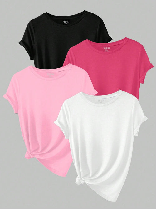 EMERY ROSE Plus Size 4pcs Women's Casual Solid Color Crew Neck Short Sleeve T-Shirts Summer