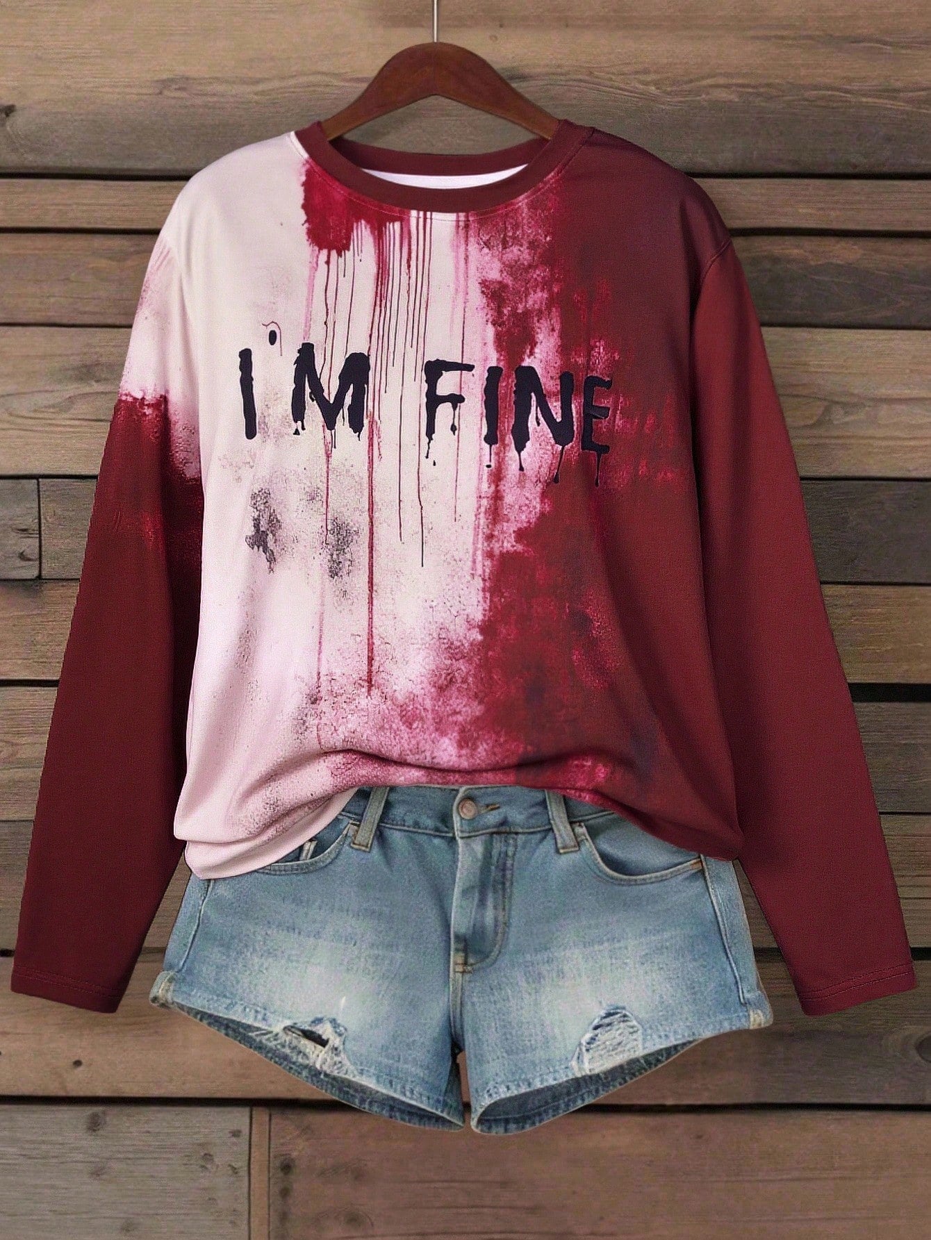 EMERY ROSE Plus Size Burgundy White Blood Drip Print I'M FINE Letter Crew Neck Long Sleeve Loose Tee Women Halloween Fall Casual Daily Going Out T Shirt Top