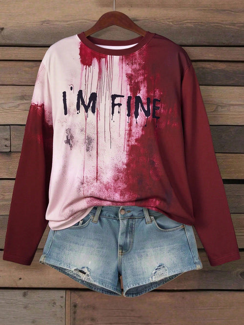 EMERY ROSE Plus Size Burgundy White Blood Drip Print I'M FINE Letter Crew Neck Long Sleeve Loose Tee Women Halloween Fall Casual Daily Going Out T Shirt Top