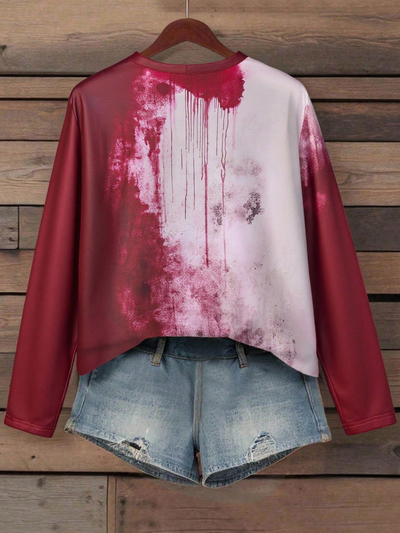 EMERY ROSE Plus Size Burgundy White Blood Drip Print I'M FINE Letter Crew Neck Long Sleeve Loose Tee Women Halloween Fall Casual Daily Going Out T Shirt Top
