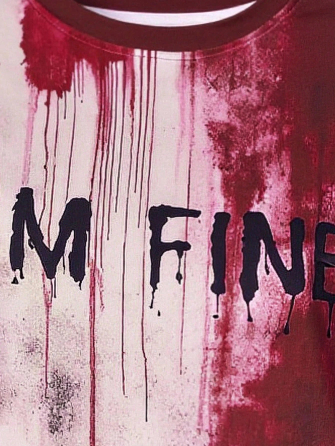 EMERY ROSE Plus Size Burgundy White Blood Drip Print I'M FINE Letter Crew Neck Long Sleeve Loose Tee Women Halloween Fall Casual Daily Going Out T Shirt Top