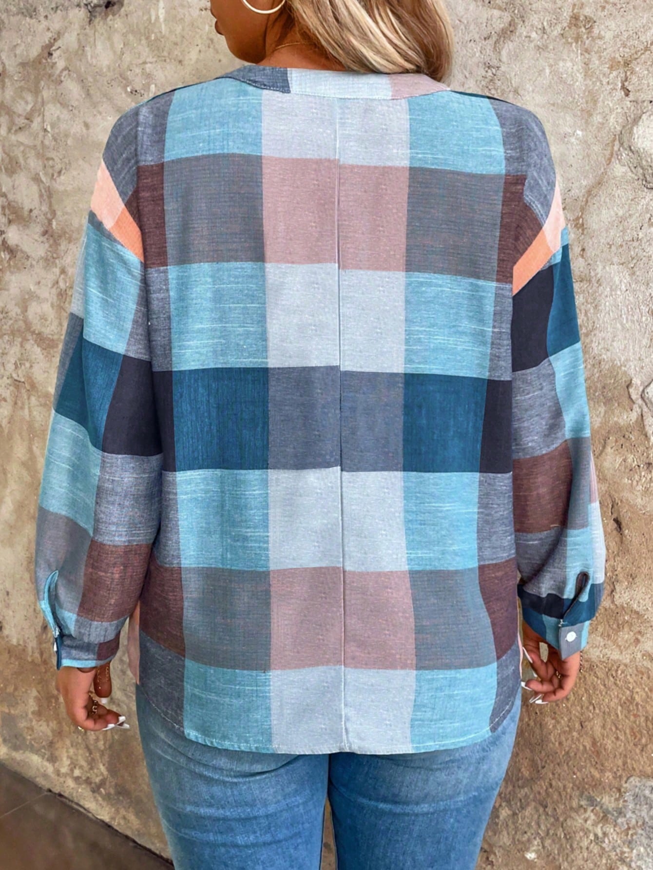 EMERY ROSE Plus Size Button Front Half Placket Checkered Blouse Fall Cloth For Women