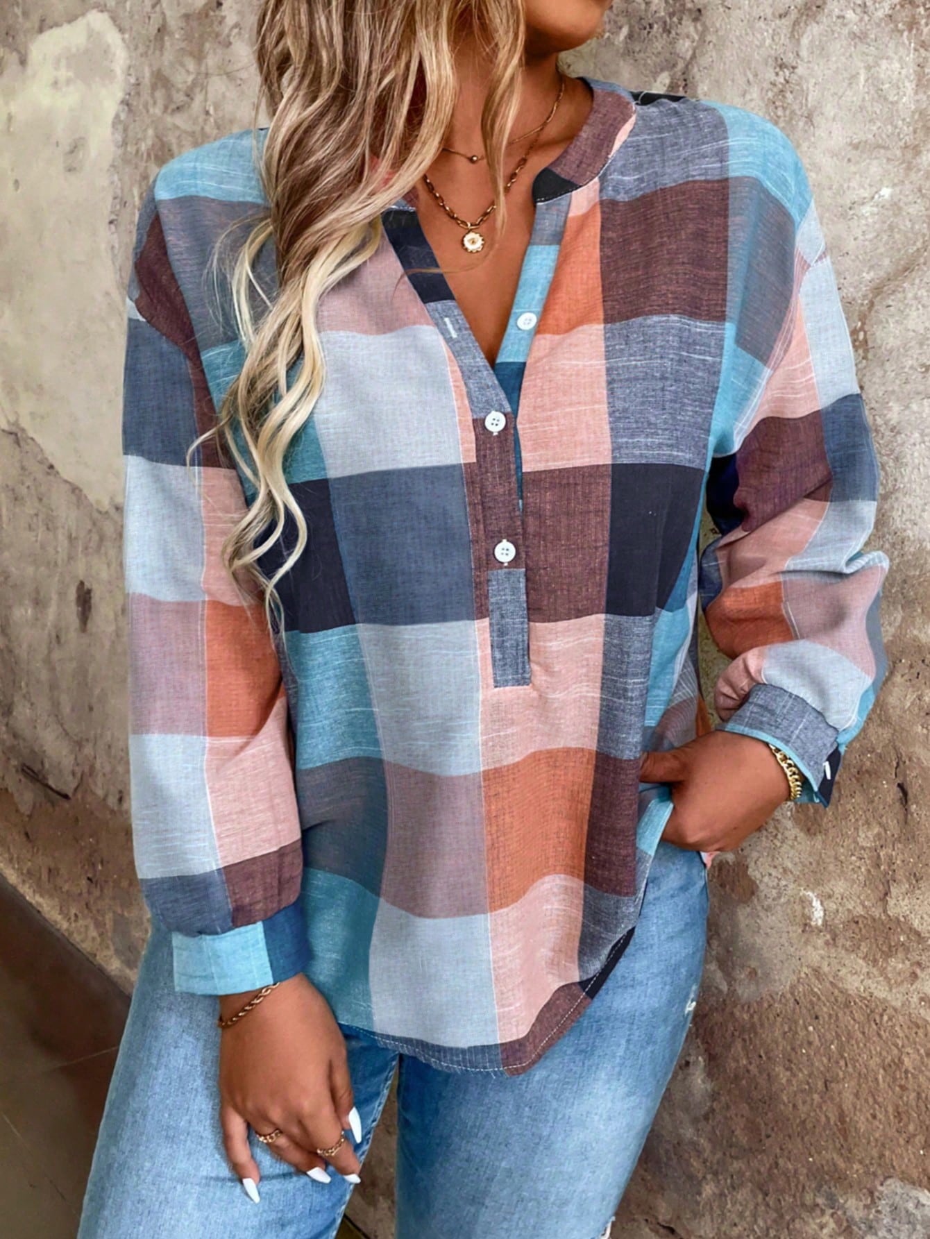 EMERY ROSE Plus Size Button Front Half Placket Checkered Blouse Fall Cloth For Women