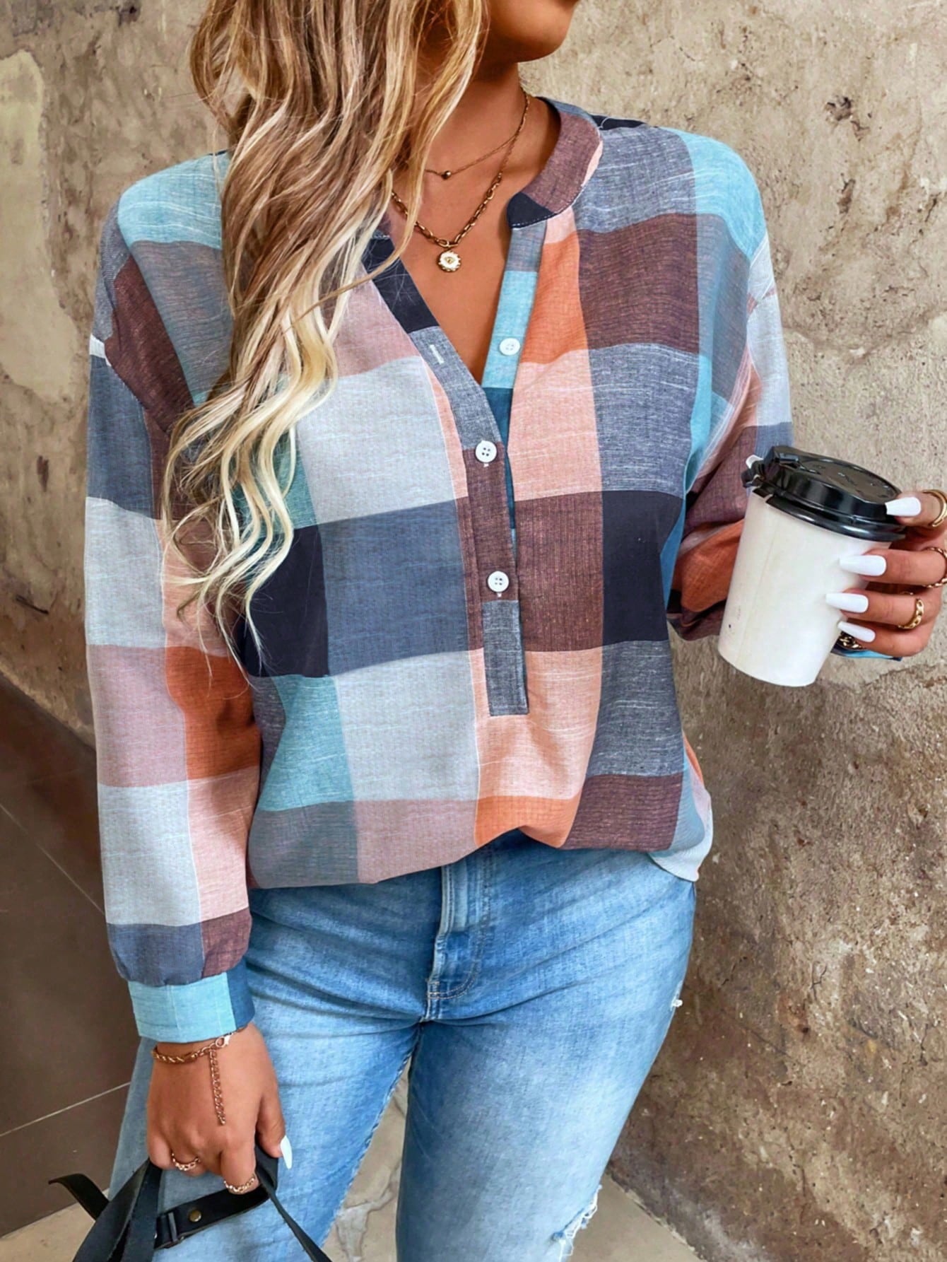 EMERY ROSE Plus Size Button Front Half Placket Checkered Blouse Fall Cloth For Women