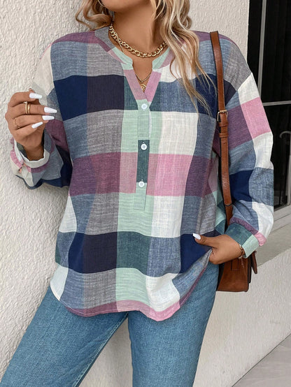 EMERY ROSE Plus Size Button Front Half Placket Checkered Blouse Fall Cloth For Women