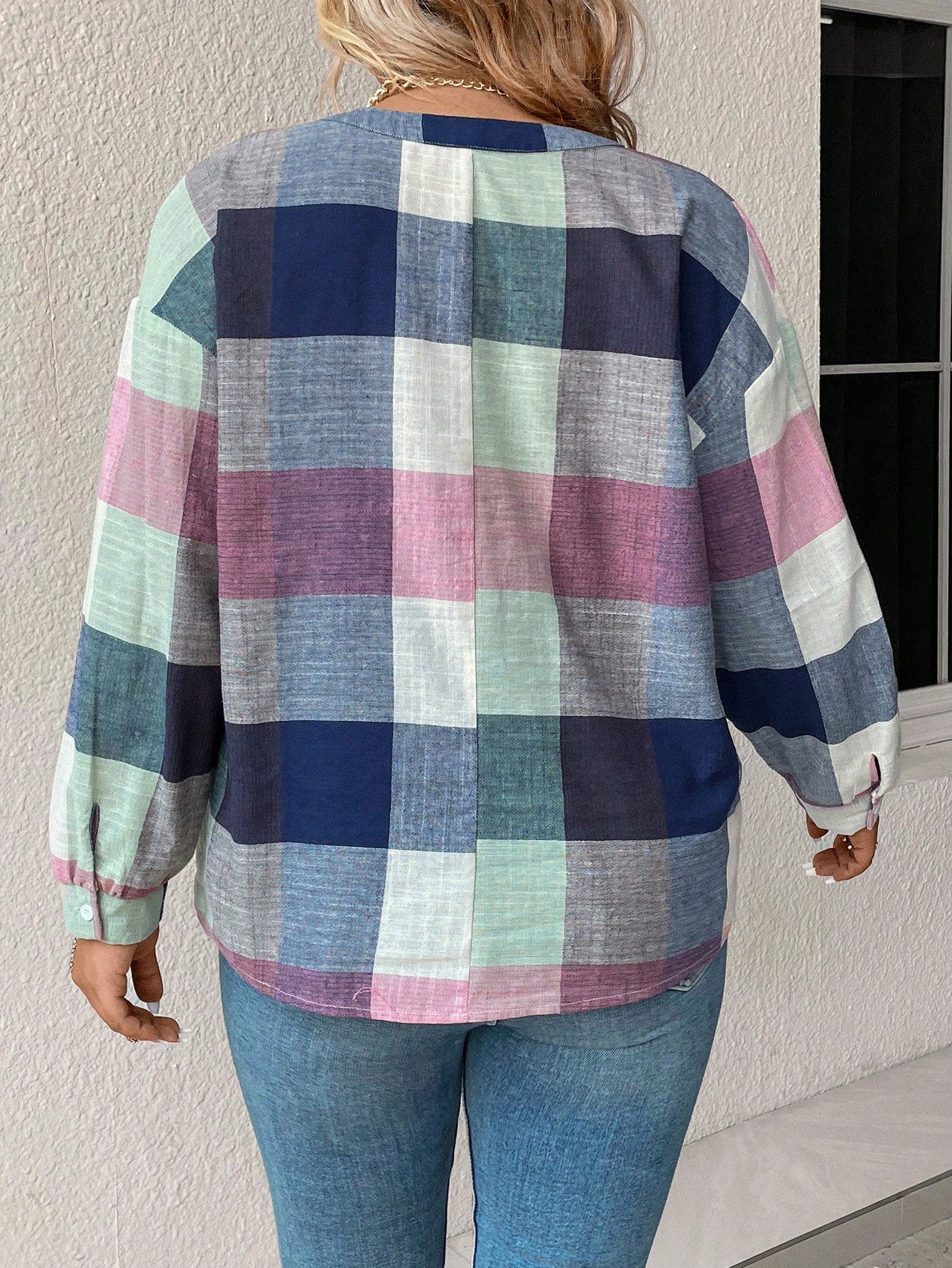 EMERY ROSE Plus Size Button Front Half Placket Checkered Blouse Fall Cloth For Women