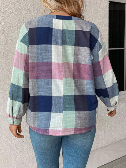 EMERY ROSE Plus Size Button Front Half Placket Checkered Blouse Fall Cloth For Women