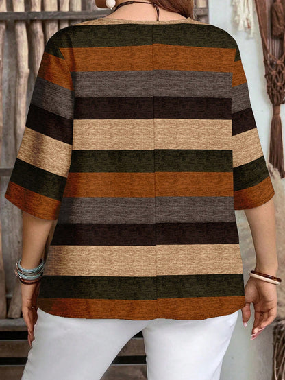 EMERY ROSE Plus Size Casual Colorblock Striped Print V-Neck Shirt, Suitable For Summer Spring