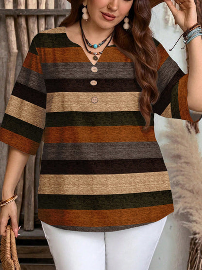 EMERY ROSE Plus Size Casual Colorblock Striped Print V-Neck Shirt, Suitable For Summer Spring