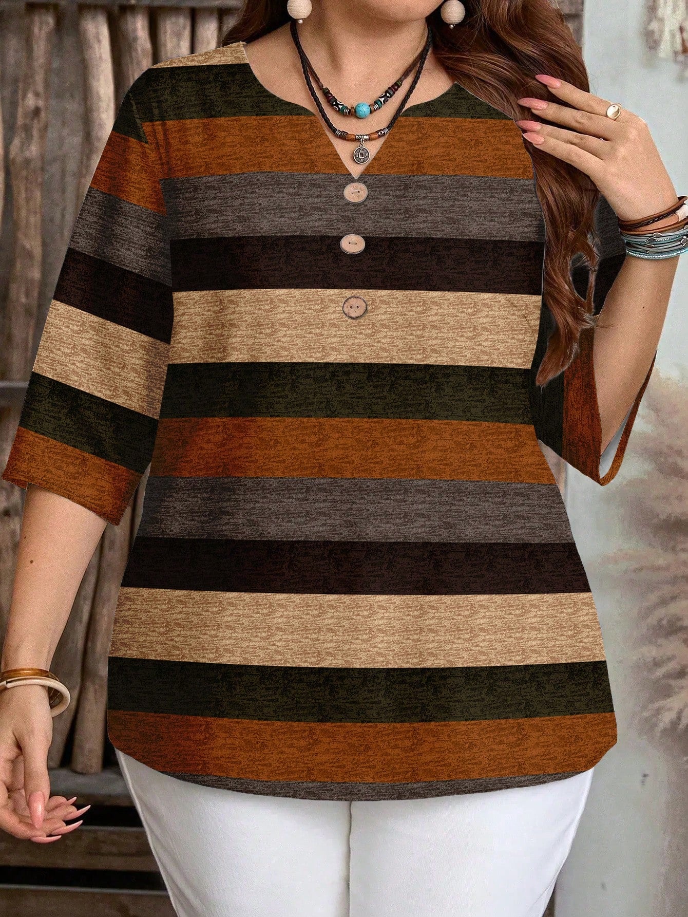 EMERY ROSE Plus Size Casual Colorblock Striped Print V-Neck Shirt, Suitable For Summer Spring