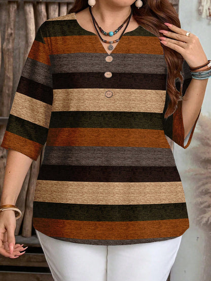 EMERY ROSE Plus Size Casual Colorblock Striped Print V-Neck Shirt, Suitable For Summer Spring