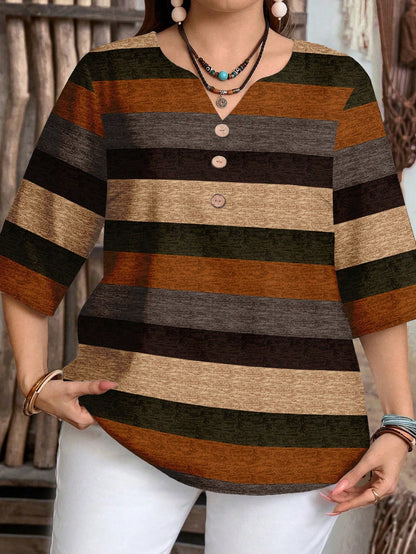 EMERY ROSE Plus Size Casual Colorblock Striped Print V-Neck Shirt, Suitable For Summer Spring