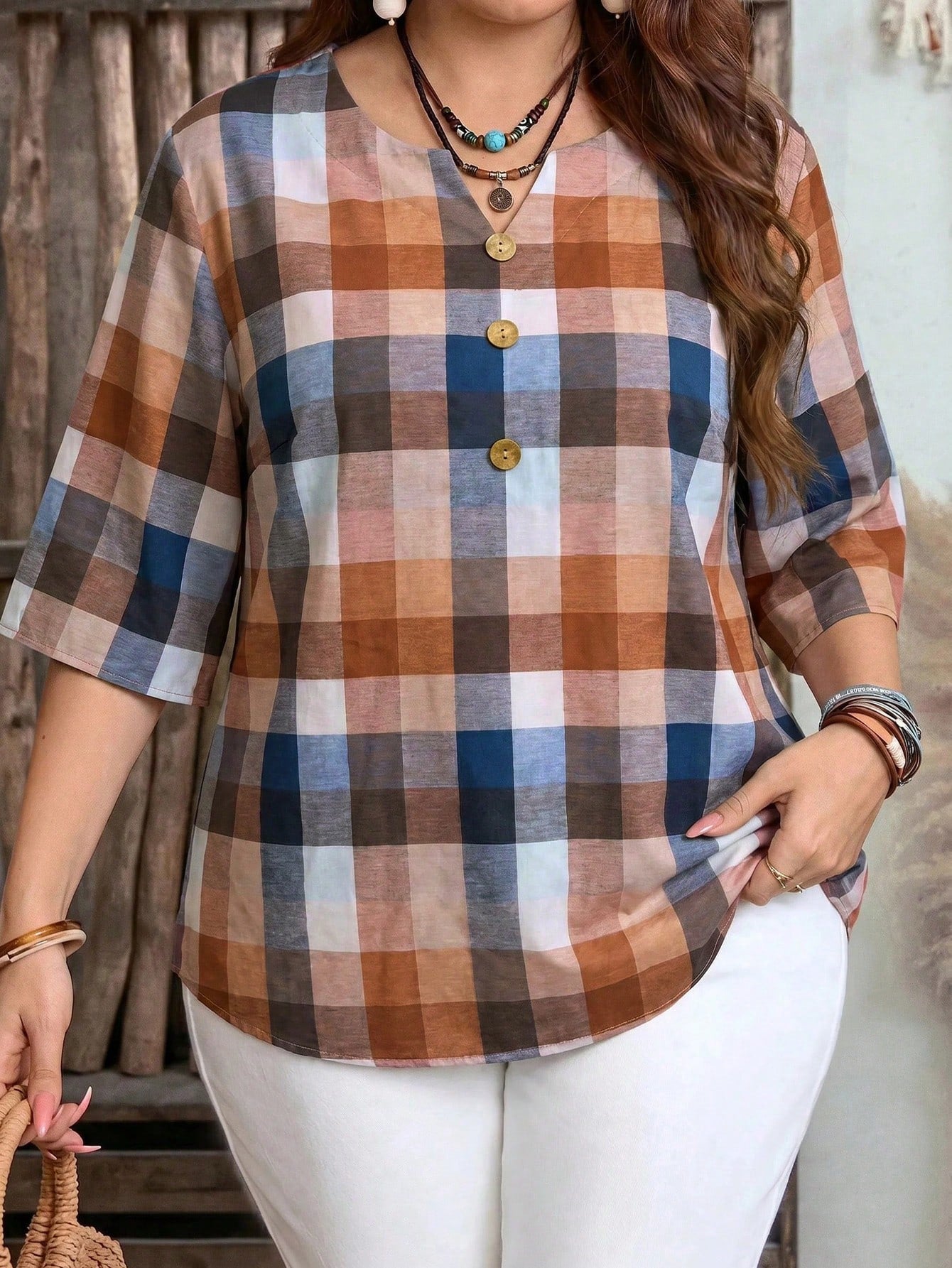 EMERY ROSE Plus Size Casual Colorblock Striped Print V-Neck Shirt, Suitable For Summer Spring
