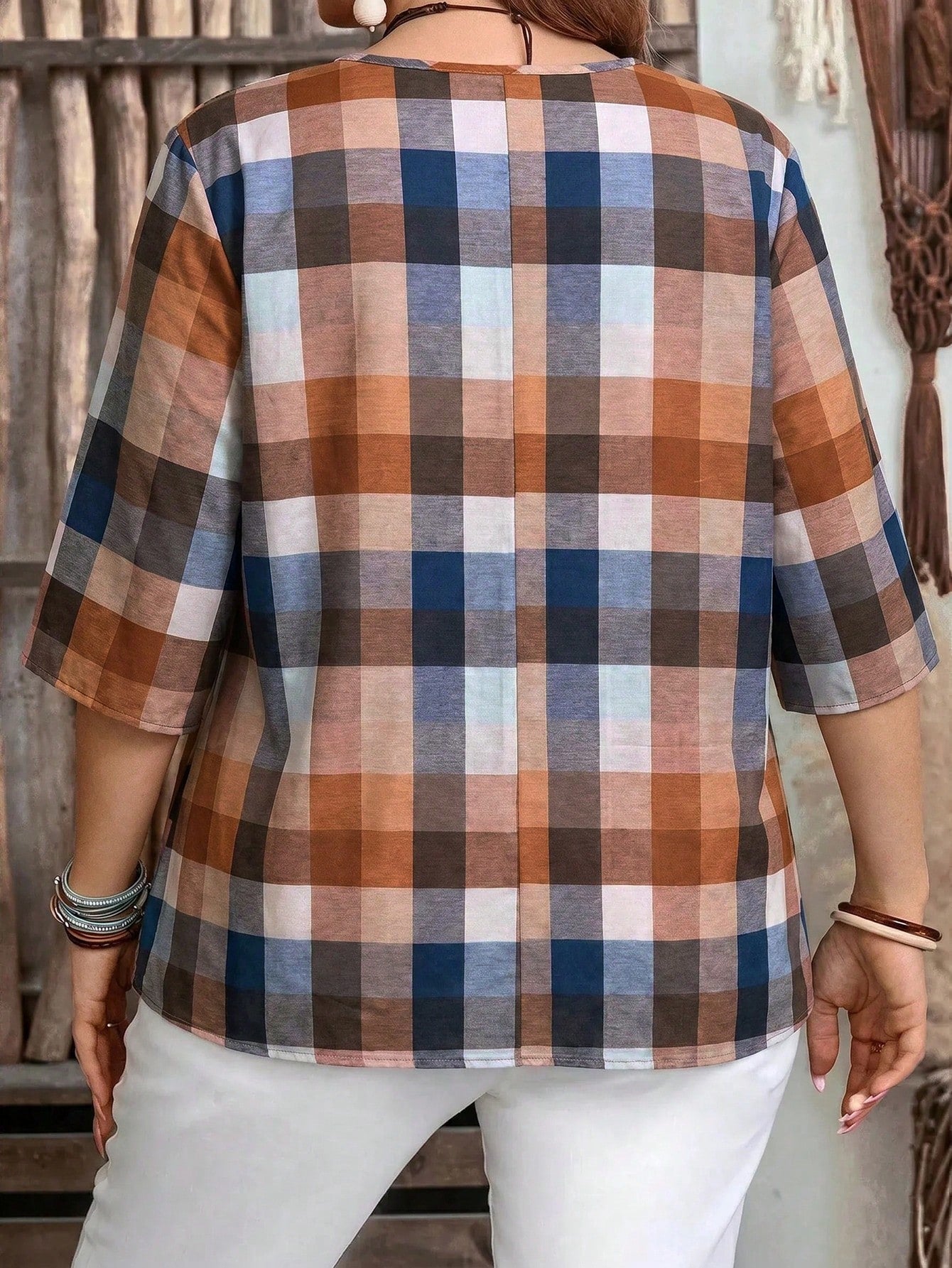 EMERY ROSE Plus Size Casual Colorblock Striped Print V-Neck Shirt, Suitable For Summer Spring